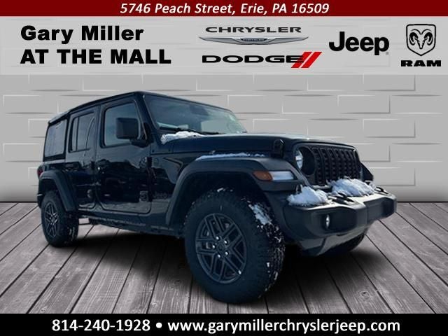 2025 Jeep Wrangler WRANGLER 4-DOOR SPORT S in Black Clear-Coat Exterior Paint — front three-quarter view